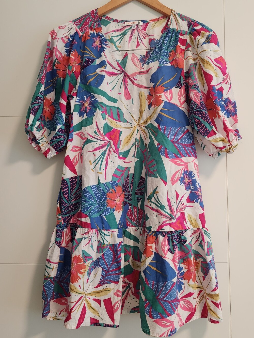Sundry Floral Print A-Line Puff Sleeve Dress